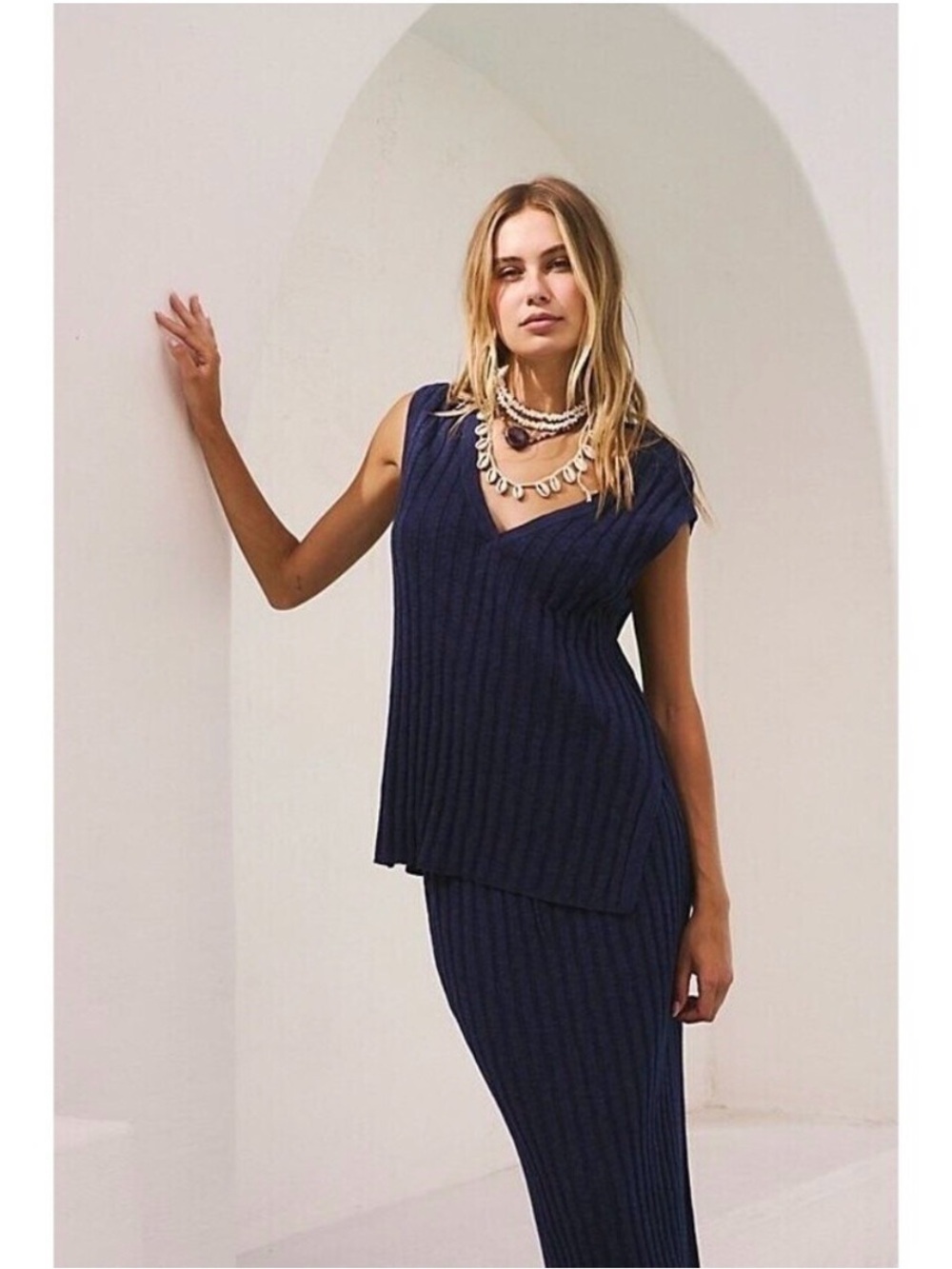 Free People Beach Veda Sweater Vest Blue Coastal Grandma Ribbed Knit V-Neck Top